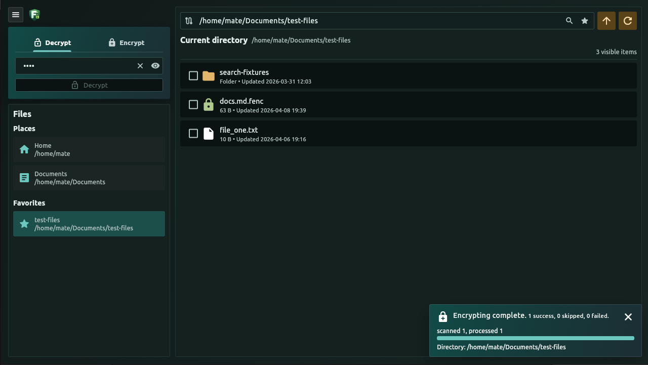 File Encrypter in dark mode, showing files, favorite folders, and a completed encryption operation.