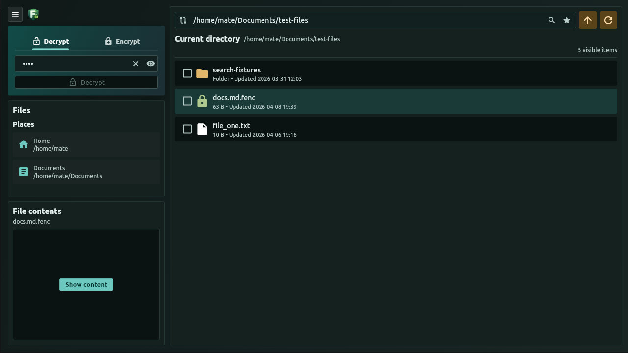 An encrypted file selected in File Encrypter, with a Show content button in the text preview pane.